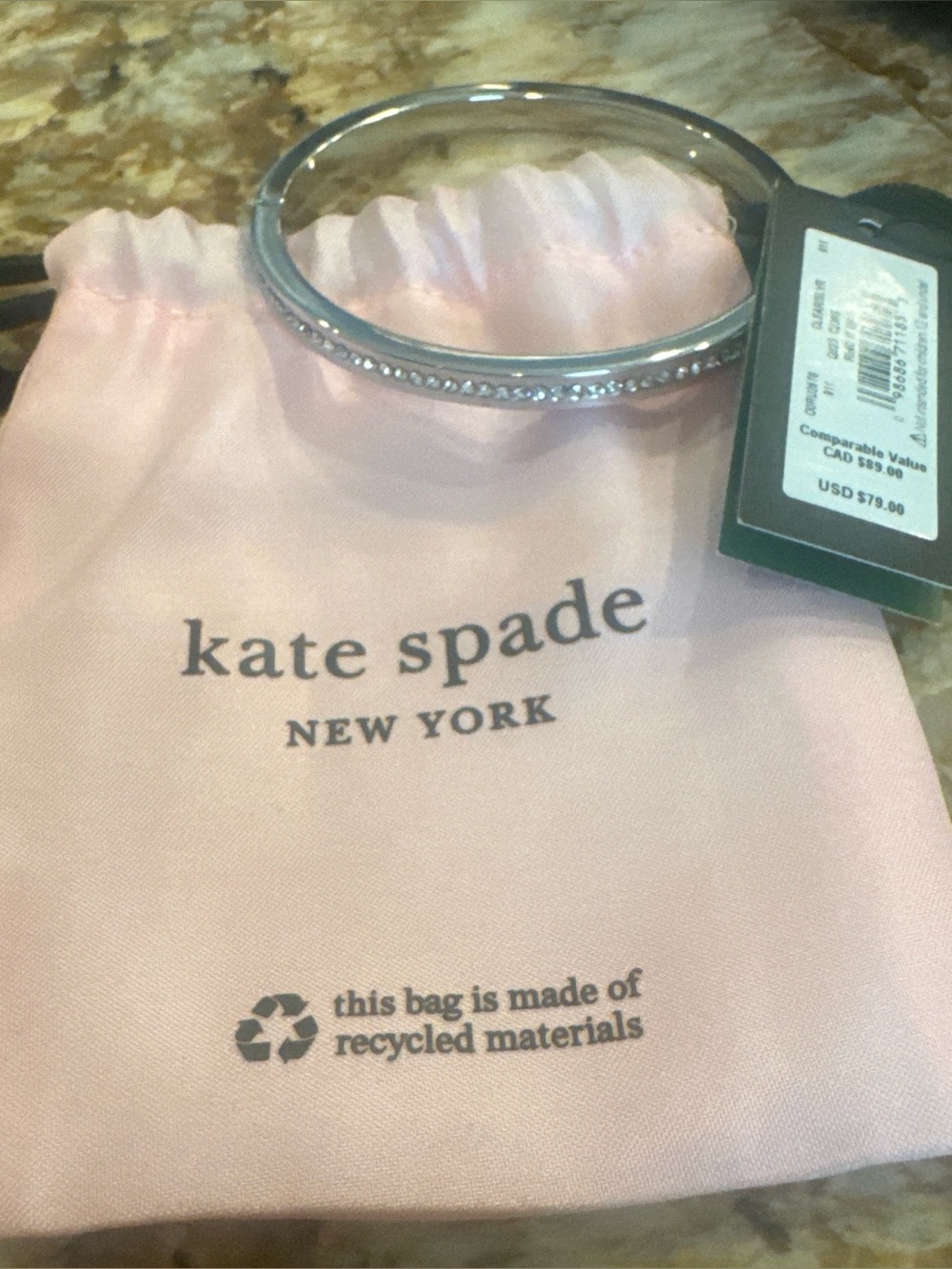 kate spade Silver Crystal-Trim Bangle Bracelet with Pink Drawstring Pouch